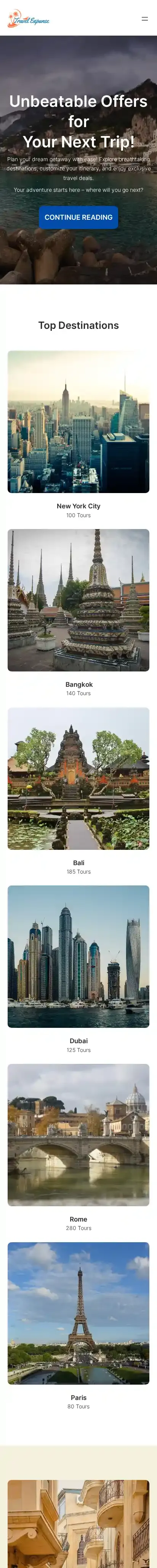 WENS Travel Expanse home page on mobile