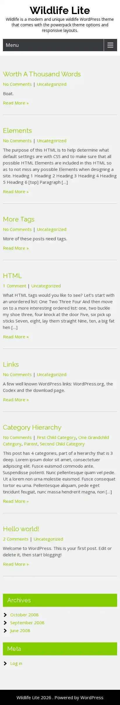 Wildlife Lite home page on mobile