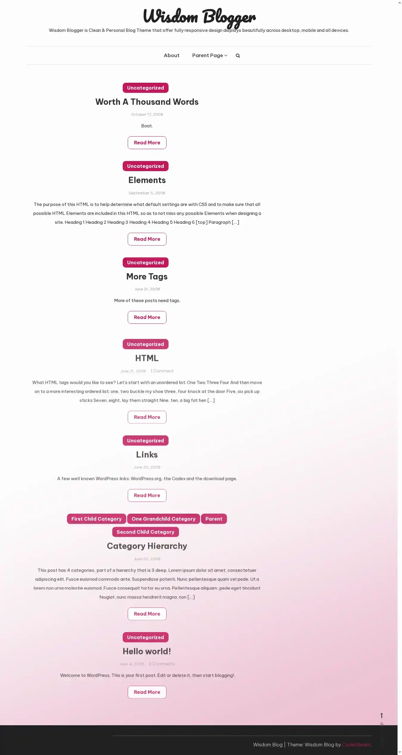 Wisdom Blogger home page on desktop