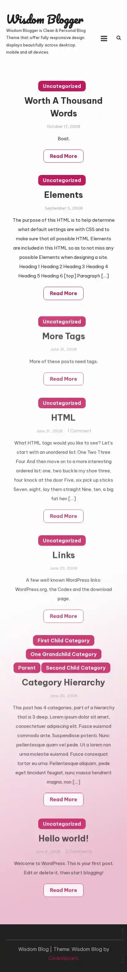 Wisdom Blogger home page on mobile