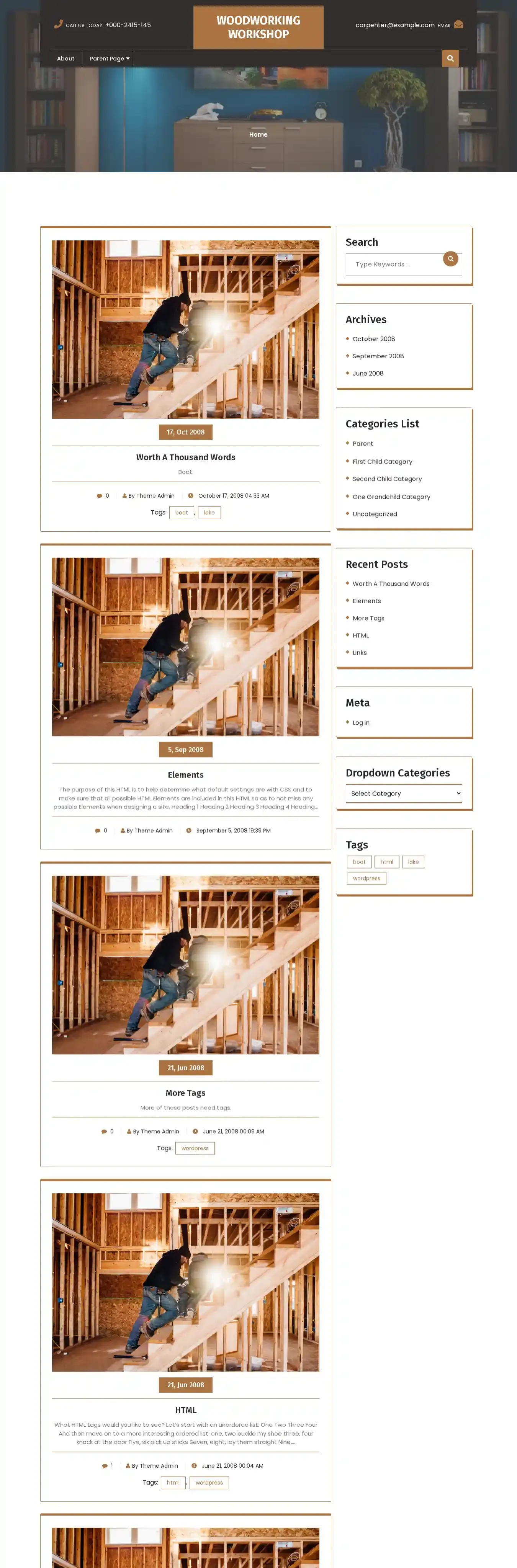 Woodworking Workshop home page on desktop