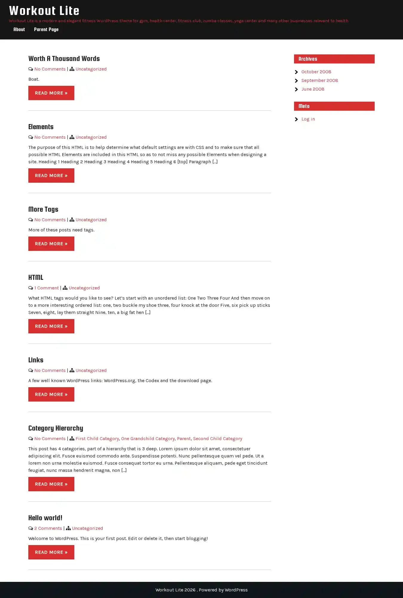 Workout Lite home page on desktop