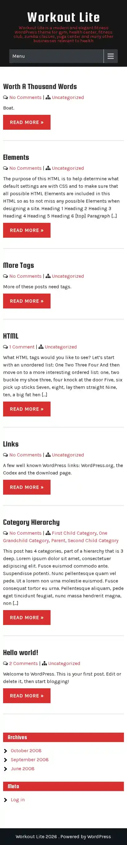 Workout Lite home page on mobile