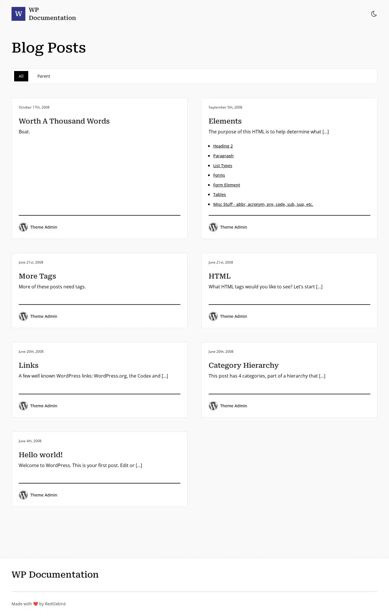 WP Documentation home page on desktop