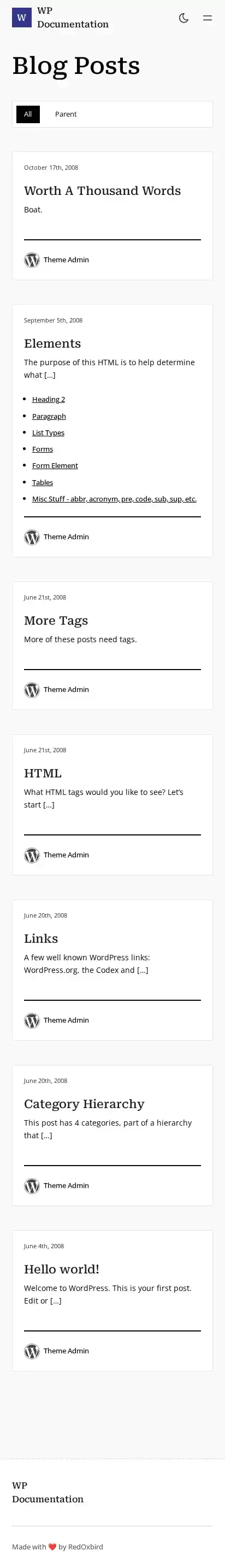WP Documentation home page on mobile