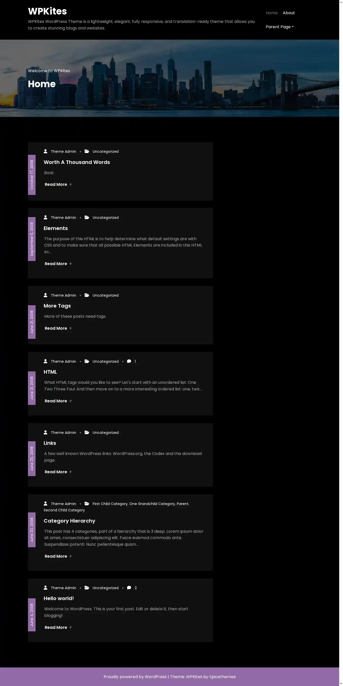 WPKites home page on desktop
