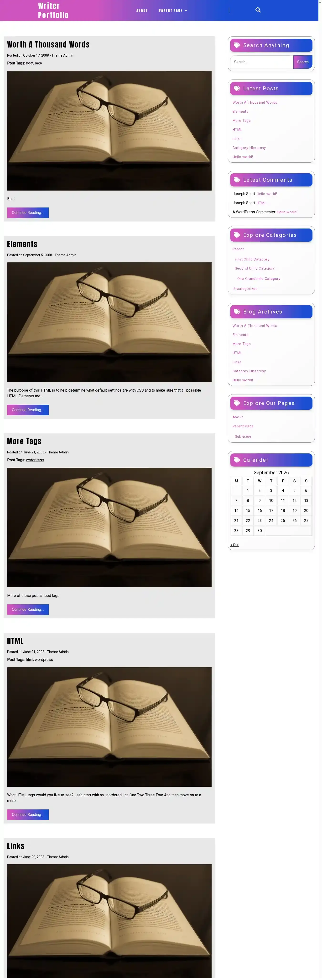 Writer Portfolio home page on desktop