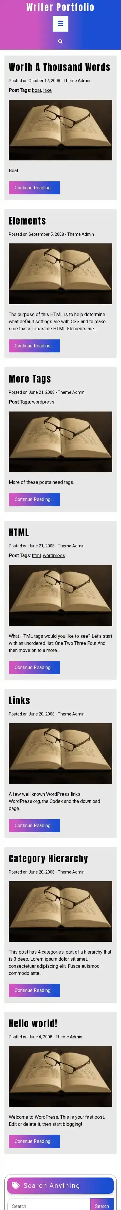 Writer Portfolio home page on mobile