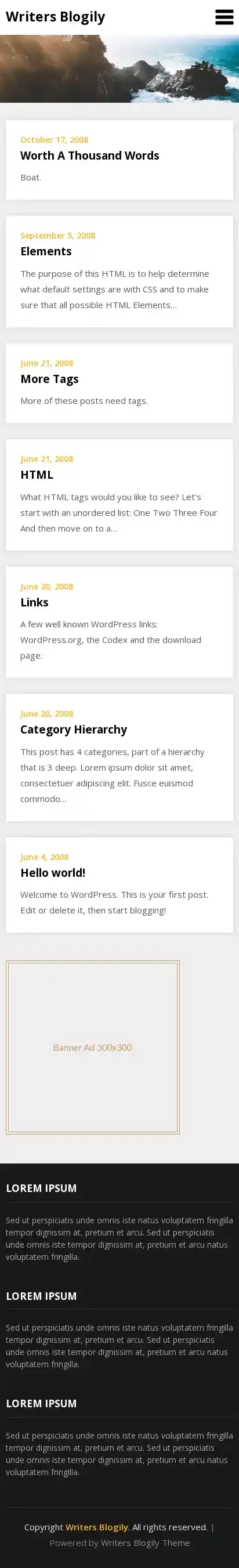 Writers Blogily home page on mobile