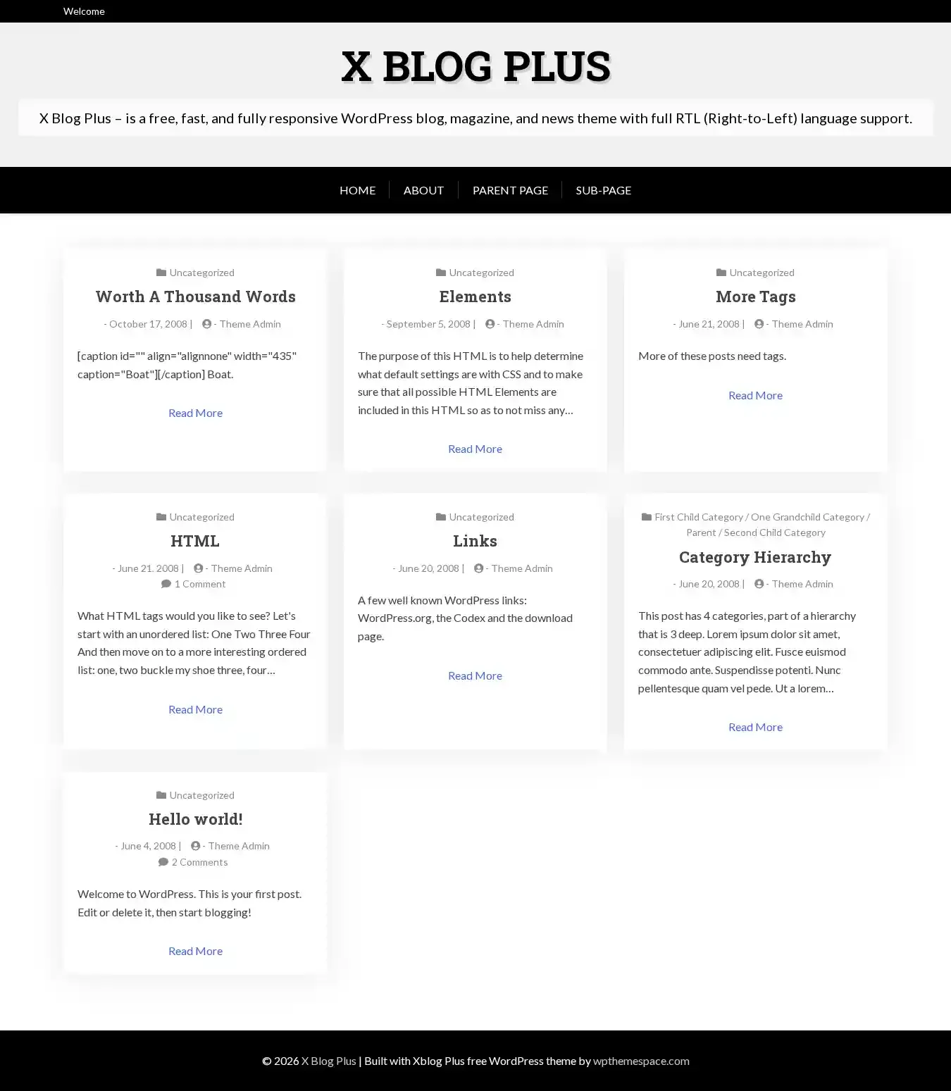 X Blog Plus home page on desktop