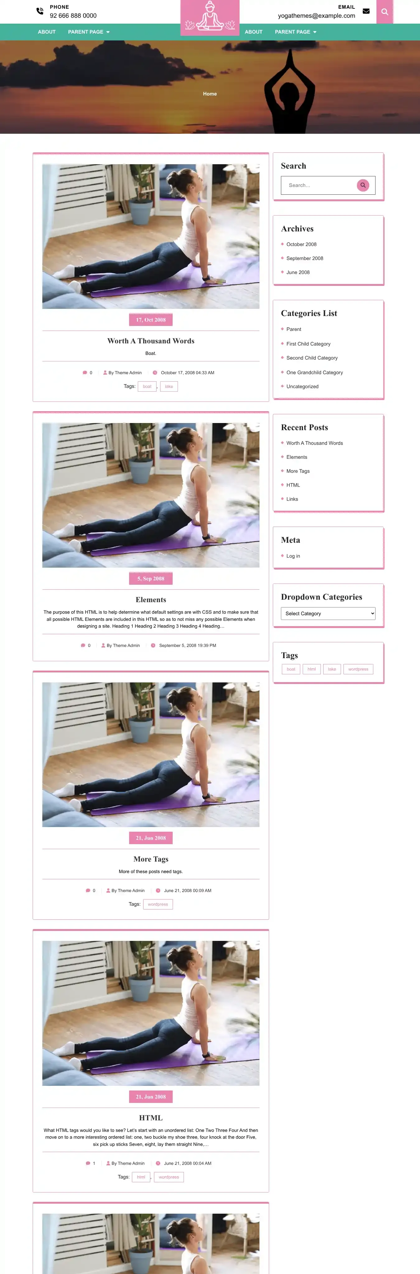 Yoga Fitness Classes home page on desktop