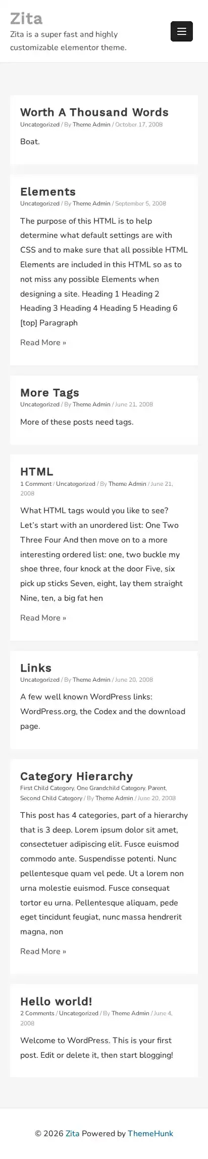 Zita home page on mobile